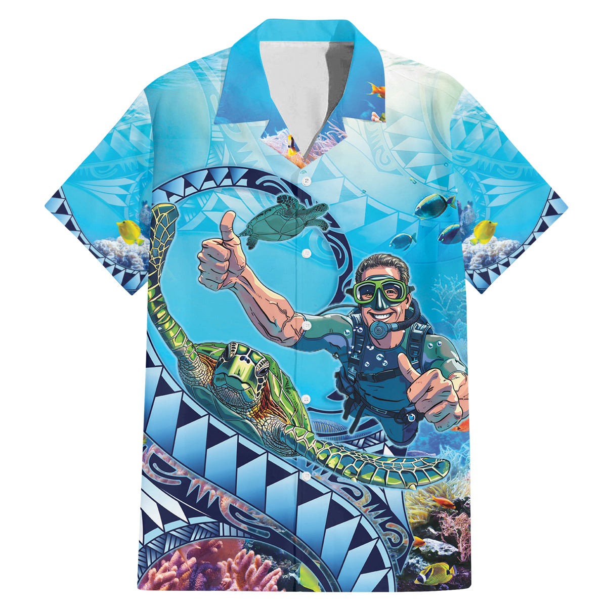 Hawaii Snorkeling Honu Turtle Family Matching Mermaid Dress and Hawaiian Shirt Under The Ocean Vibes LT14 Dad's Shirt - Short Sleeve Blue - Polynesian Pride