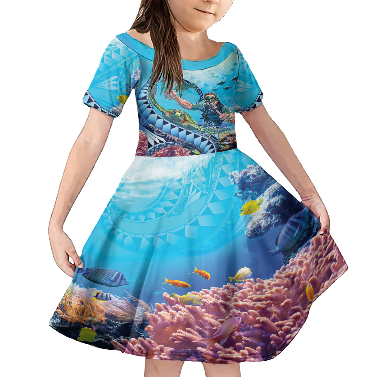 Hawaii Snorkeling Honu Turtle Family Matching Off Shoulder Maxi Dress and Hawaiian Shirt Under The Ocean Vibes LT14 Daughter's Dress Blue - Polynesian Pride