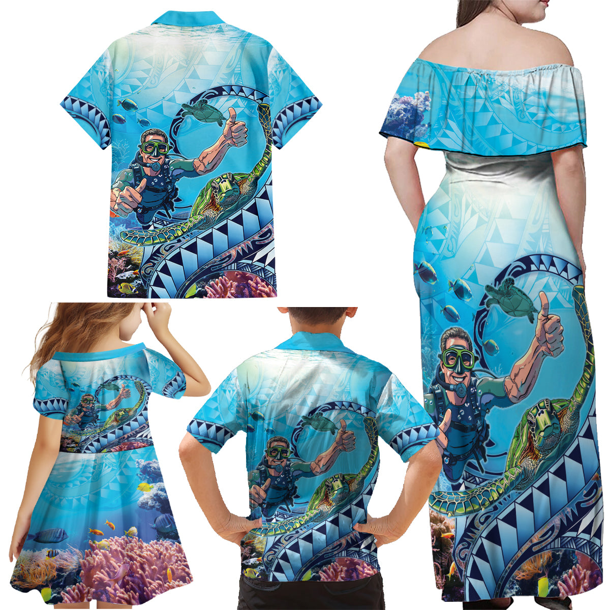 Hawaii Snorkeling Honu Turtle Family Matching Off Shoulder Maxi Dress and Hawaiian Shirt Under The Ocean Vibes LT14 - Polynesian Pride