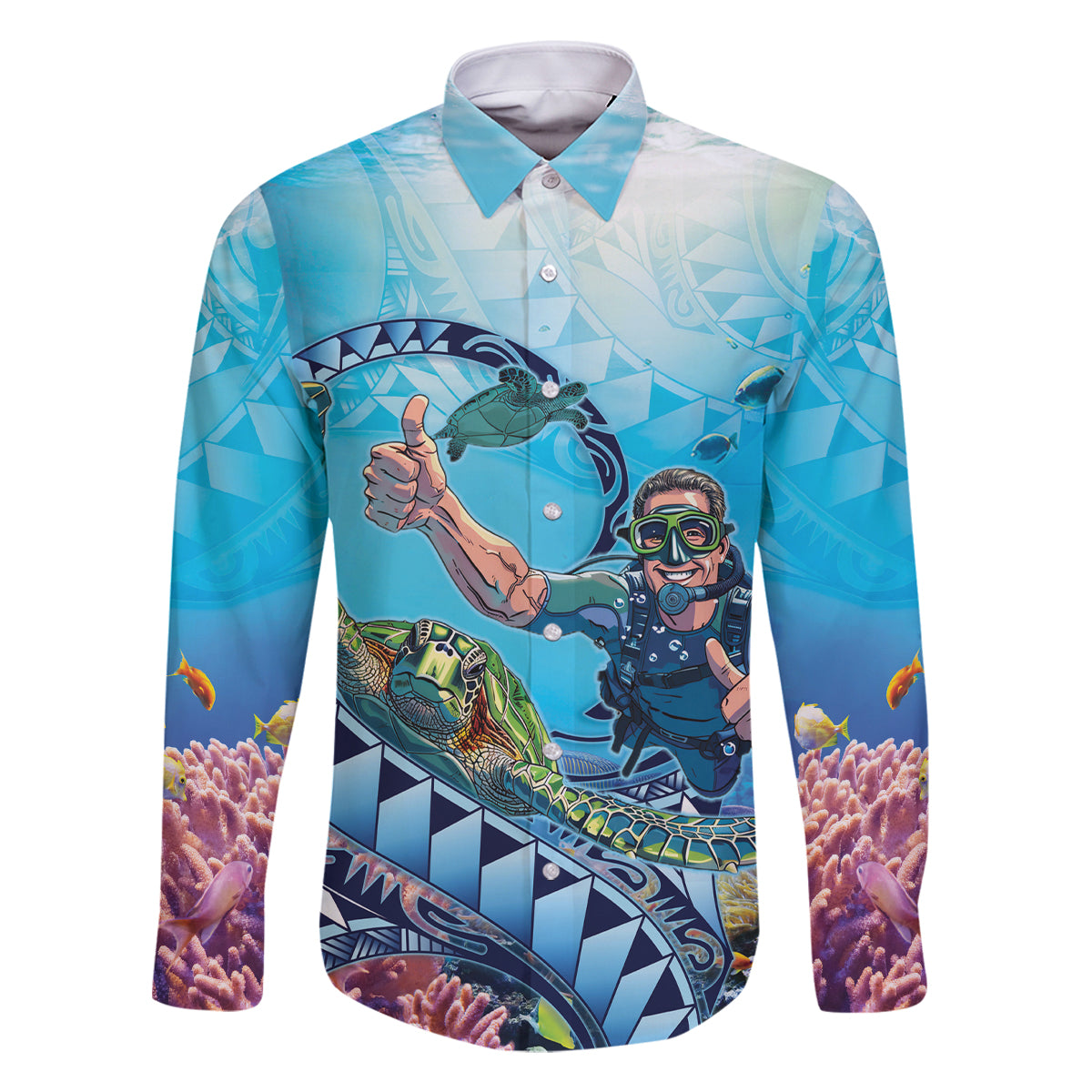 Hawaii Snorkeling Honu Turtle Family Matching Off Shoulder Maxi Dress and Hawaiian Shirt Under The Ocean Vibes LT14 Dad's Shirt - Long Sleeve Blue - Polynesian Pride
