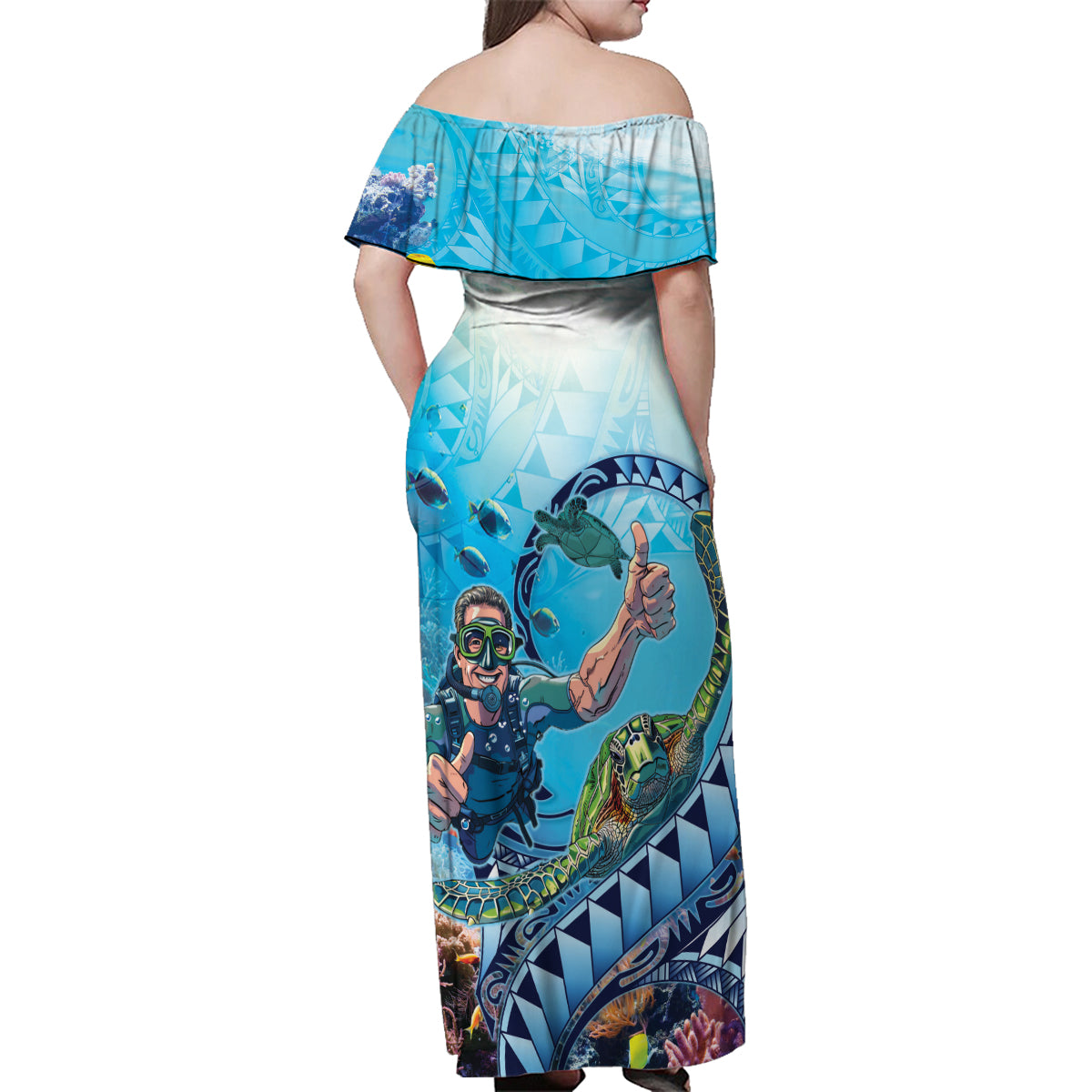 Hawaii Snorkeling Honu Turtle Family Matching Off Shoulder Maxi Dress and Hawaiian Shirt Under The Ocean Vibes LT14 - Polynesian Pride