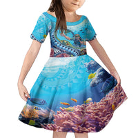 Hawaii Snorkeling Honu Turtle Family Matching Short Sleeve Bodycon Dress and Hawaiian Shirt Under The Ocean Vibes LT14 Daughter's Dress Blue - Polynesian Pride