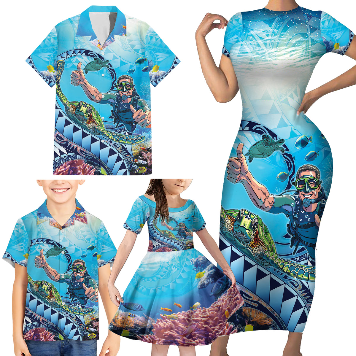 Hawaii Snorkeling Honu Turtle Family Matching Short Sleeve Bodycon Dress and Hawaiian Shirt Under The Ocean Vibes LT14 - Polynesian Pride