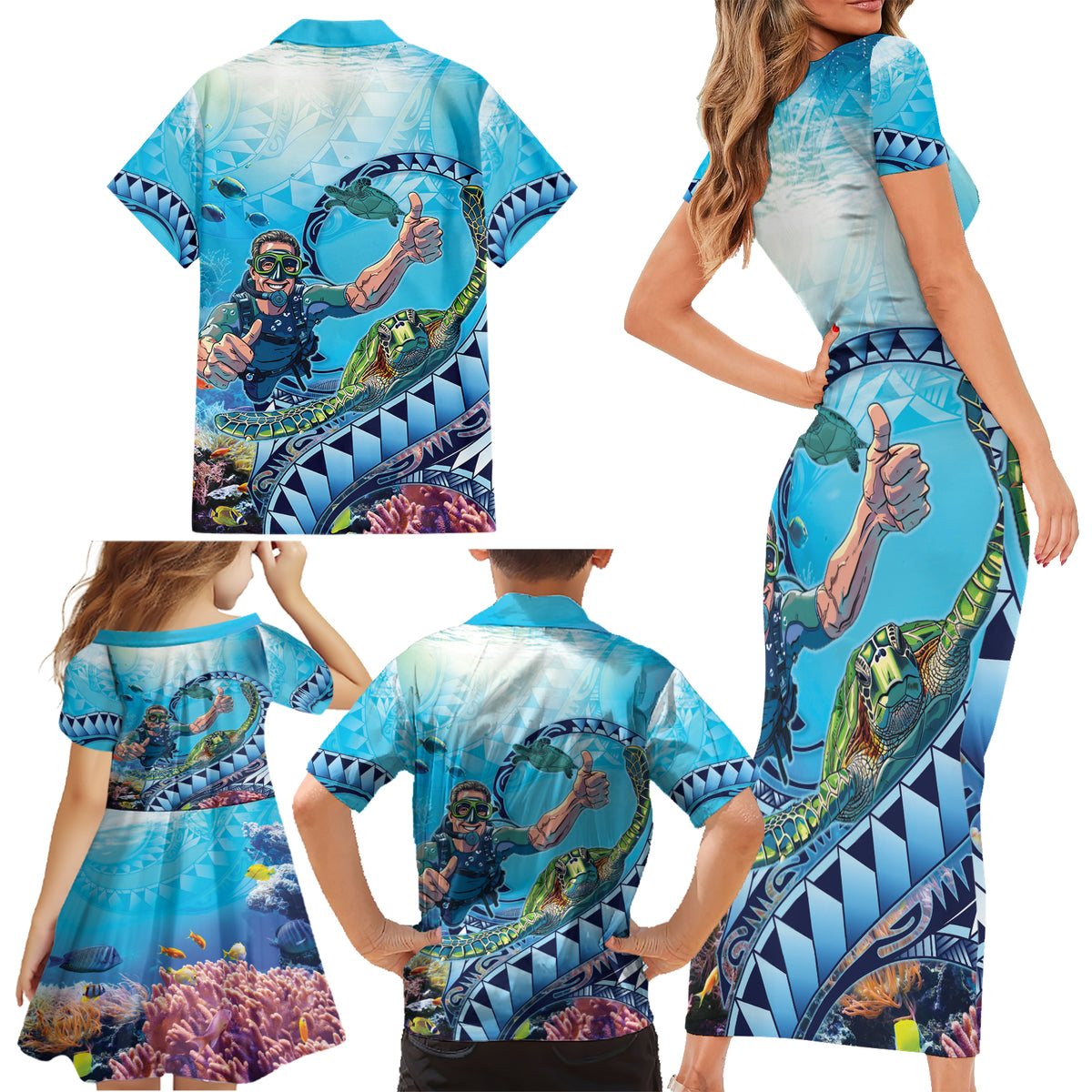 Hawaii Snorkeling Honu Turtle Family Matching Short Sleeve Bodycon Dress and Hawaiian Shirt Under The Ocean Vibes LT14 - Polynesian Pride