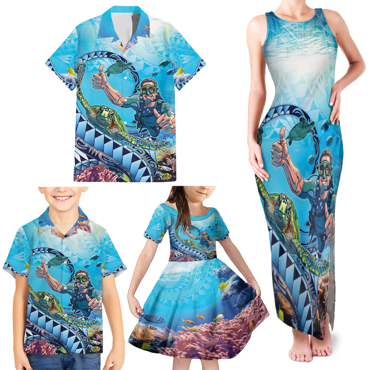 Hawaii Snorkeling Honu Turtle Family Matching Tank Maxi Dress and Hawaiian Shirt Under The Ocean Vibes