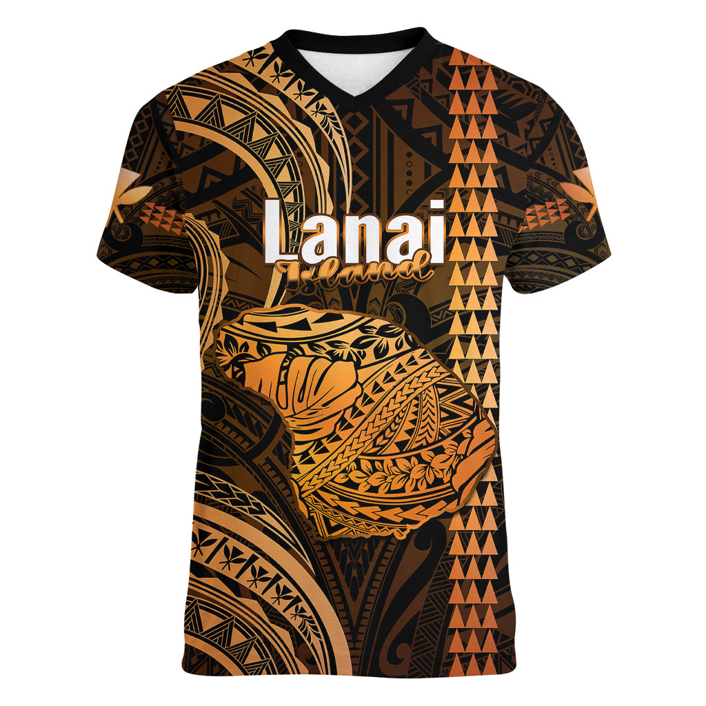 Polynesian Pride Hawaiian Islands Women V Neck T Shirt Lani Map Gold Kanaka With Kakau LT14 Female Gold - Polynesian Pride