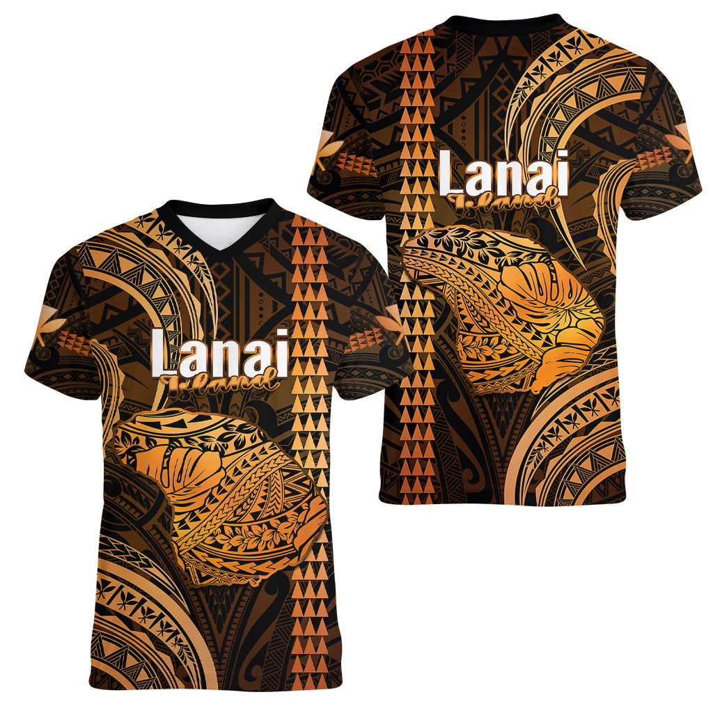Polynesian Pride Hawaiian Islands Women V Neck T Shirt Lani Map Gold Kanaka With Kakau LT14 - Polynesian Pride