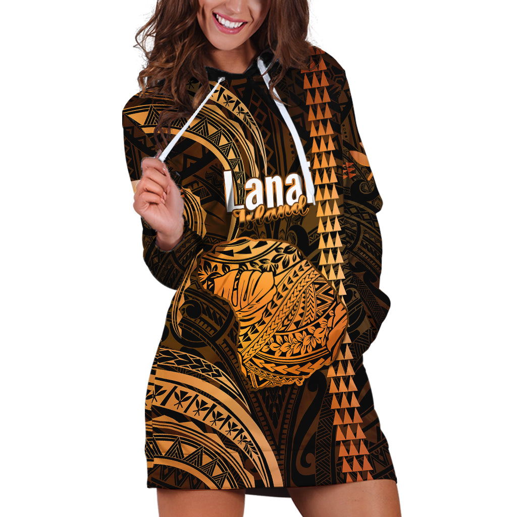 Personalised Hawaiian Islands Hoodie Dress Lani Map Gold Kanaka With Kakau LT14 Gold - Polynesian Pride