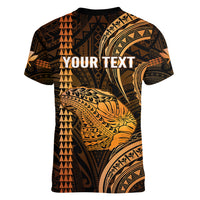 Personalised Hawaiian Islands Women V Neck T Shirt Lani Map Gold Kanaka With Kakau LT14 - Polynesian Pride