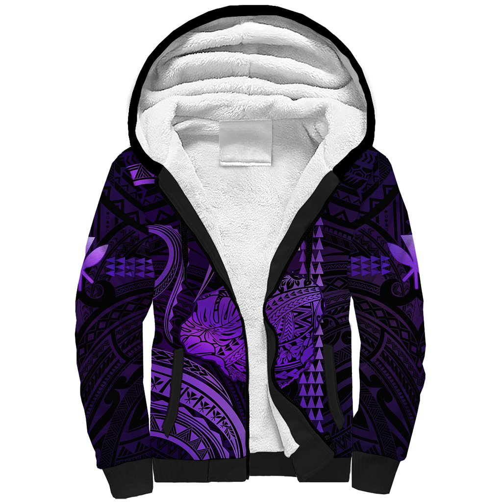 Polynesian Pride Hawaiian Islands Sherpa Hoodie Kauai Map Purple Kanaka With Kakau LT14 Unisex Purple - Polynesian Pride
