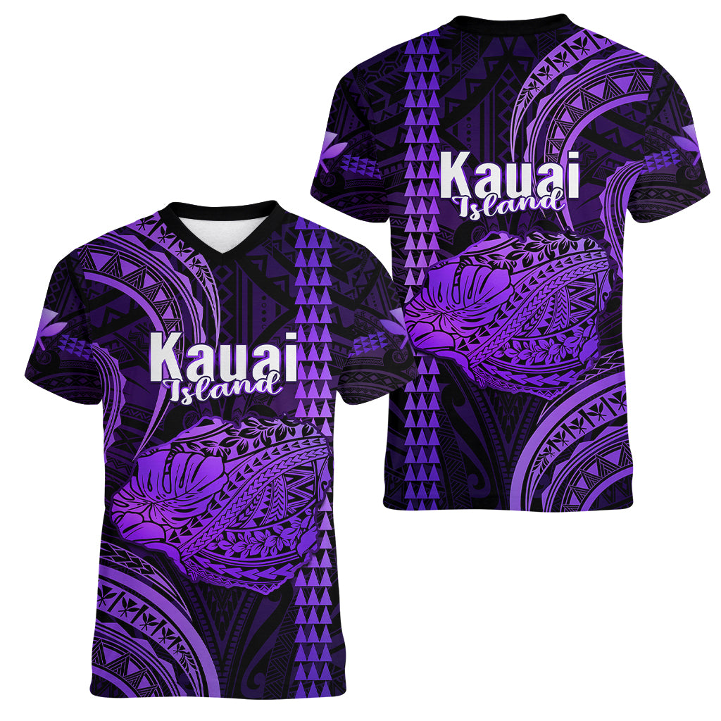 Polynesian Pride Hawaiian Islands Women V Neck T Shirt Kauai Map Purple Kanaka With Kakau LT14 - Polynesian Pride