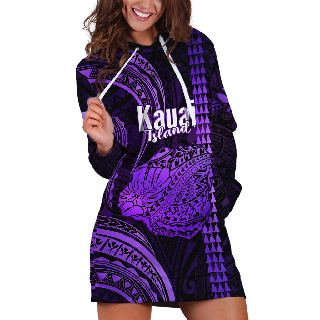 Personalised Hawaiian Islands Hoodie Dress Kauai Map Purple Kanaka With Kakau LT14 Purple - Polynesian Pride