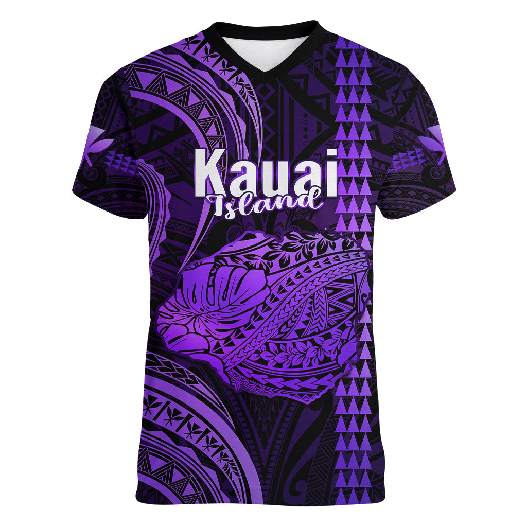 Personalised Hawaiian Islands Women V Neck T Shirt Kauai Map Purple Kanaka With Kakau LT14 Female Purple - Polynesian Pride