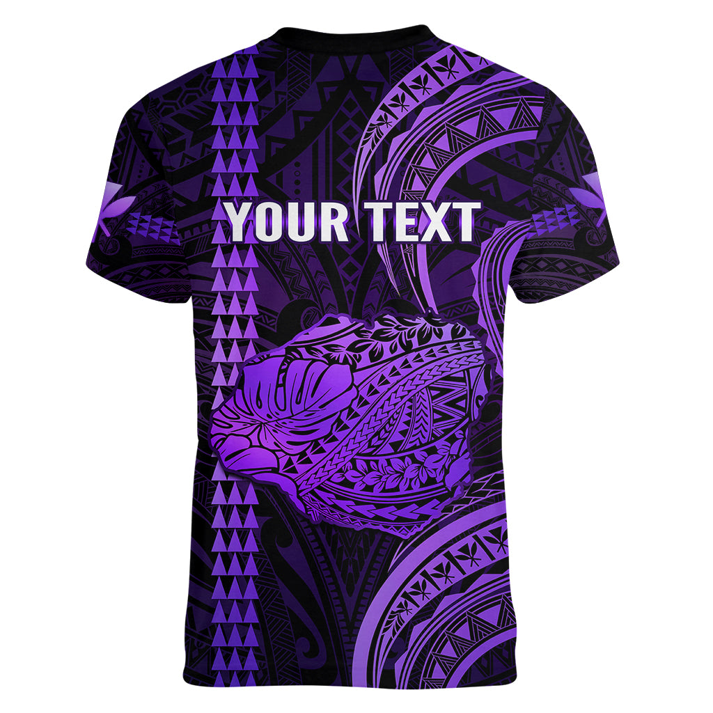 Personalised Hawaiian Islands Women V Neck T Shirt Kauai Map Purple Kanaka With Kakau LT14 - Polynesian Pride