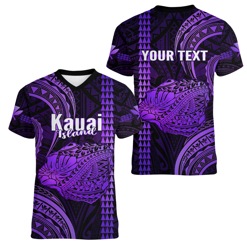 Personalised Hawaiian Islands Women V Neck T Shirt Kauai Map Purple Kanaka With Kakau LT14 - Polynesian Pride