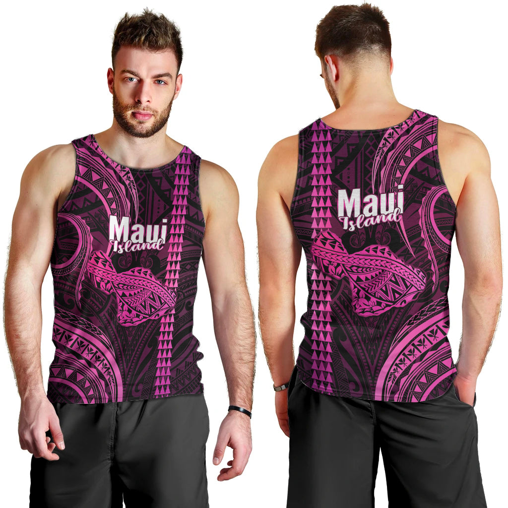 Polynesian Pride Hawaiian Islands Men Tank Top Maui Map Pink Kanaka With Kakau LT14 - Polynesian Pride