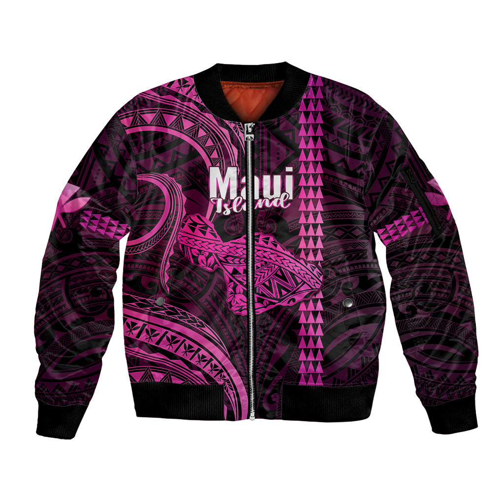 Polynesian Pride Hawaiian Islands Sleeve Zip Bomber Jacket Maui Map Pink Kanaka With Kakau LT14 Unisex Pink - Polynesian Pride