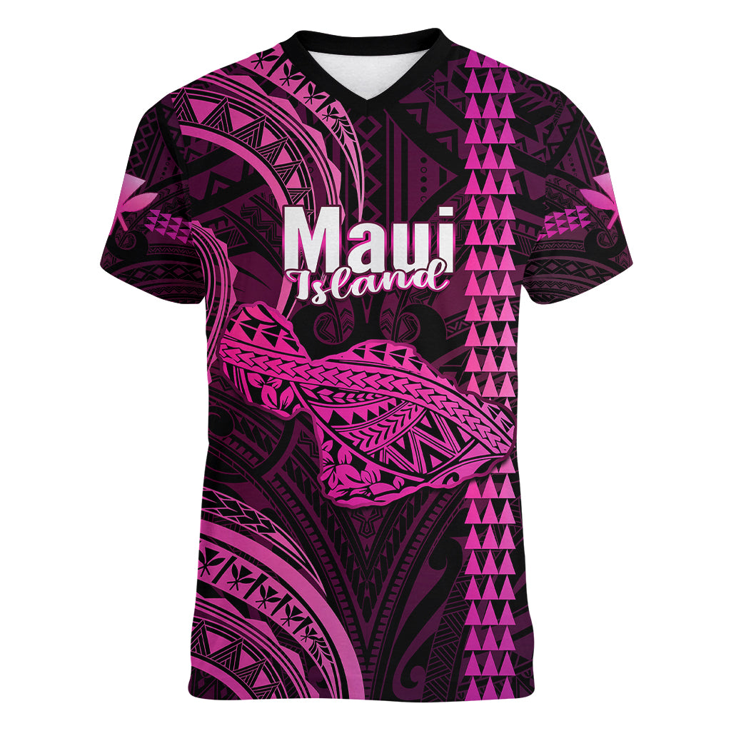 Polynesian Pride Hawaiian Islands Women V Neck T Shirt Maui Map Pink Kanaka With Kakau LT14 Female Pink - Polynesian Pride