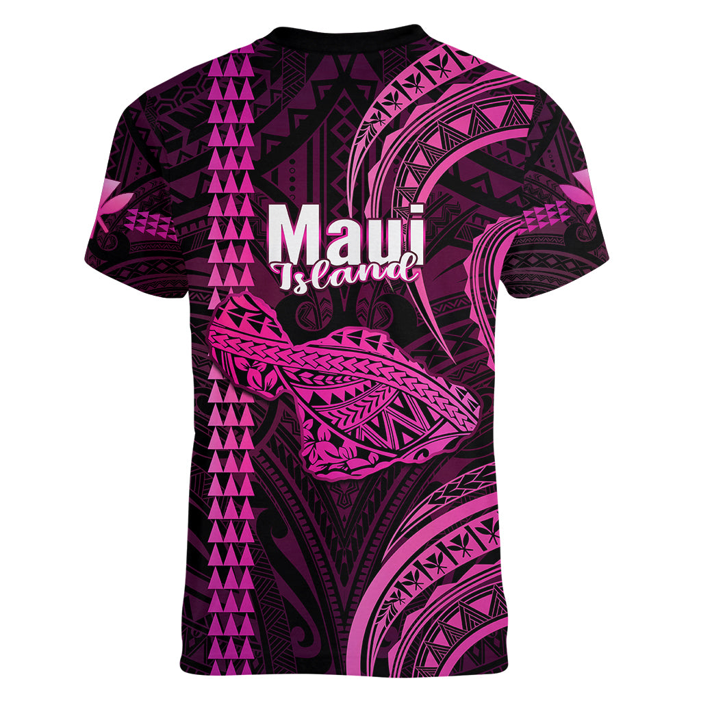 Polynesian Pride Hawaiian Islands Women V Neck T Shirt Maui Map Pink Kanaka With Kakau LT14 - Polynesian Pride