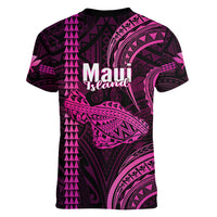 Polynesian Pride Hawaiian Islands Women V Neck T Shirt Maui Map Pink Kanaka With Kakau LT14 - Polynesian Pride