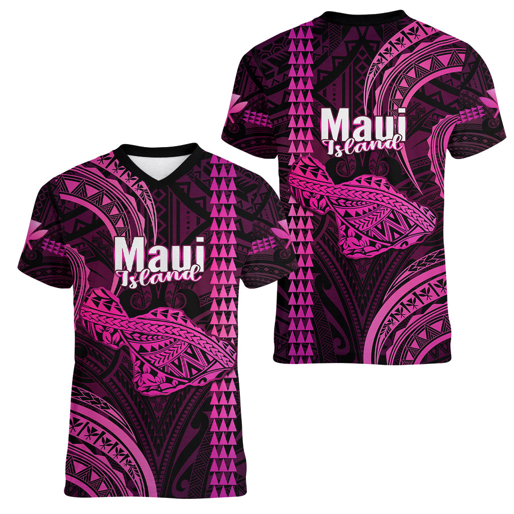 Polynesian Pride Hawaiian Islands Women V Neck T Shirt Maui Map Pink Kanaka With Kakau LT14 - Polynesian Pride