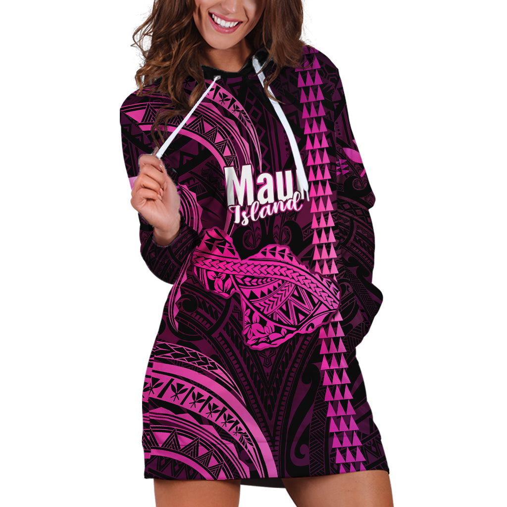 Personalised Hawaiian Islands Hoodie Dress Maui Map Pink Kanaka With Kakau LT14 Pink - Polynesian Pride