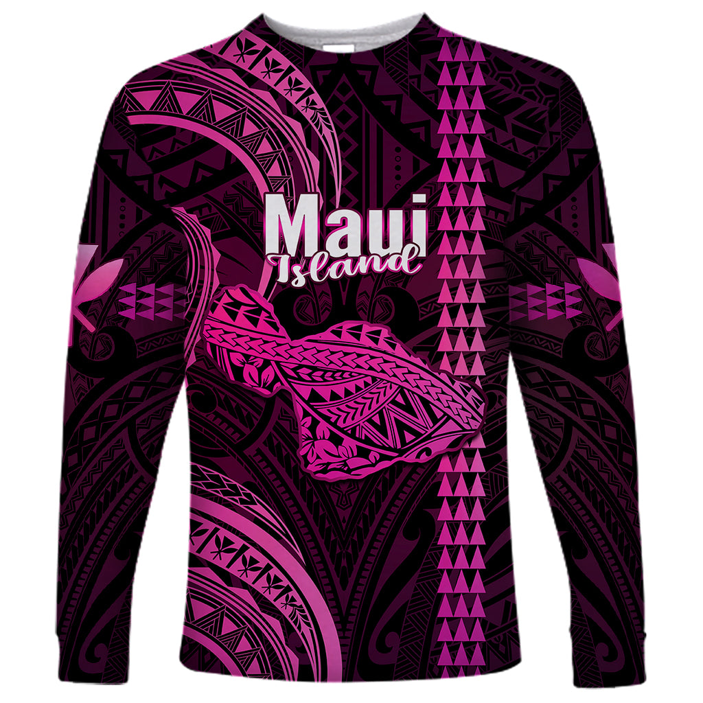 Personalised Hawaiian Islands Long Sleeve Shirt Maui Map Pink Kanaka With Kakau LT14 Unisex Pink - Polynesian Pride