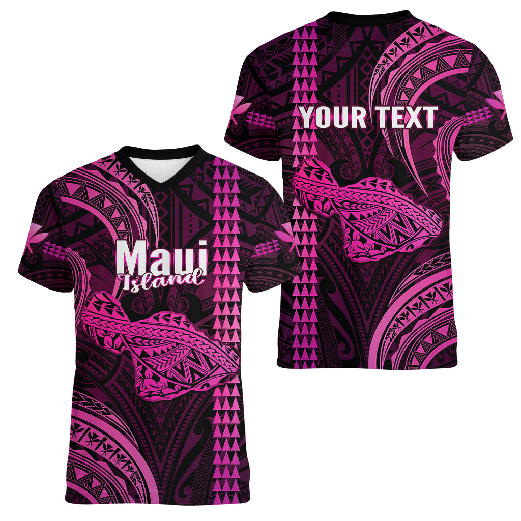 Personalised Hawaiian Islands Women V Neck T Shirt Maui Map Pink Kanaka With Kakau LT14 - Polynesian Pride