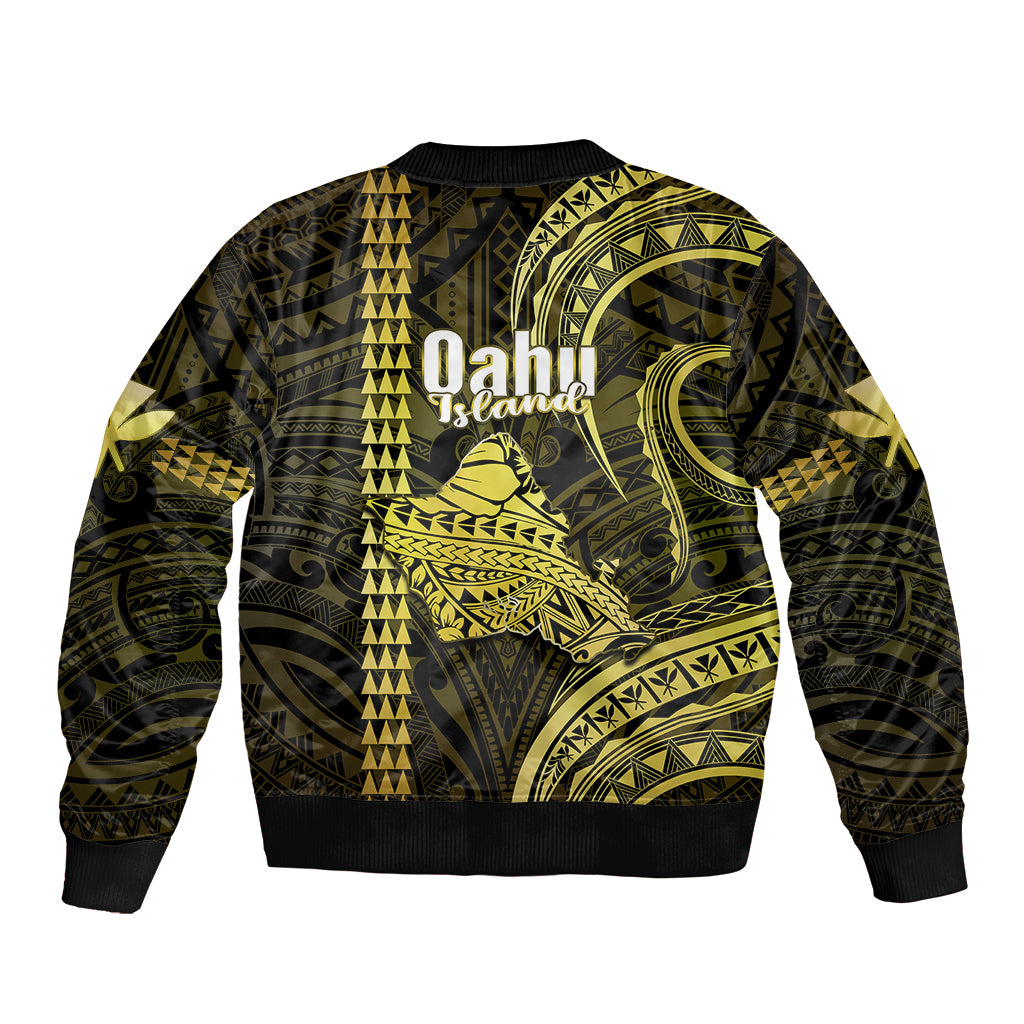Polynesian Pride Hawaiian Islands Sleeve Zip Bomber Jacket Oahu Map Yellow Kanaka With Kakau LT14 - Polynesian Pride
