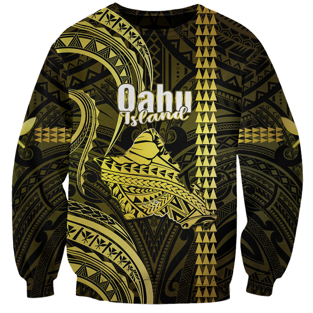 Polynesian Pride Hawaiian Islands Sweatshirt Oahu Map Yellow Kanaka With Kakau LT14 Unisex Yellow - Polynesian Pride