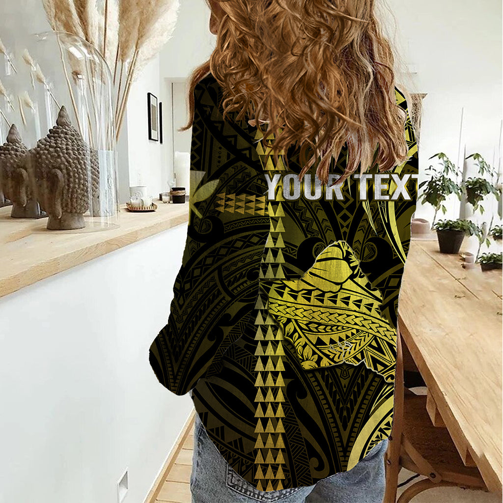 Personalised Hawaiian Islands Women Casual Shirt Oahu Map Yellow Kanaka With Kakau LT14 - Polynesian Pride