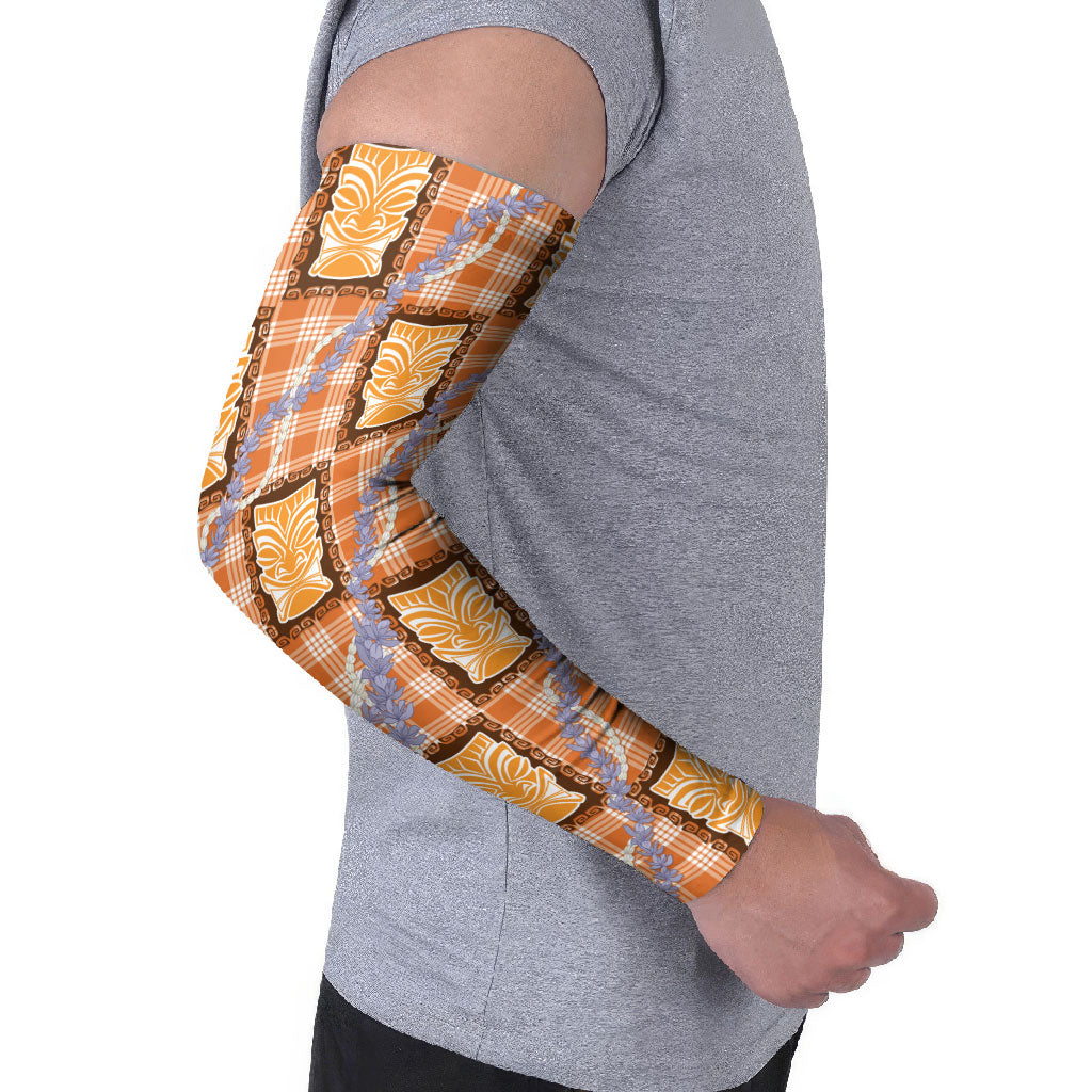 Aloha Hawaii Tiki Palaka Motifs Arm Sleeves Honohono Lei Orange Elegant Vibes
