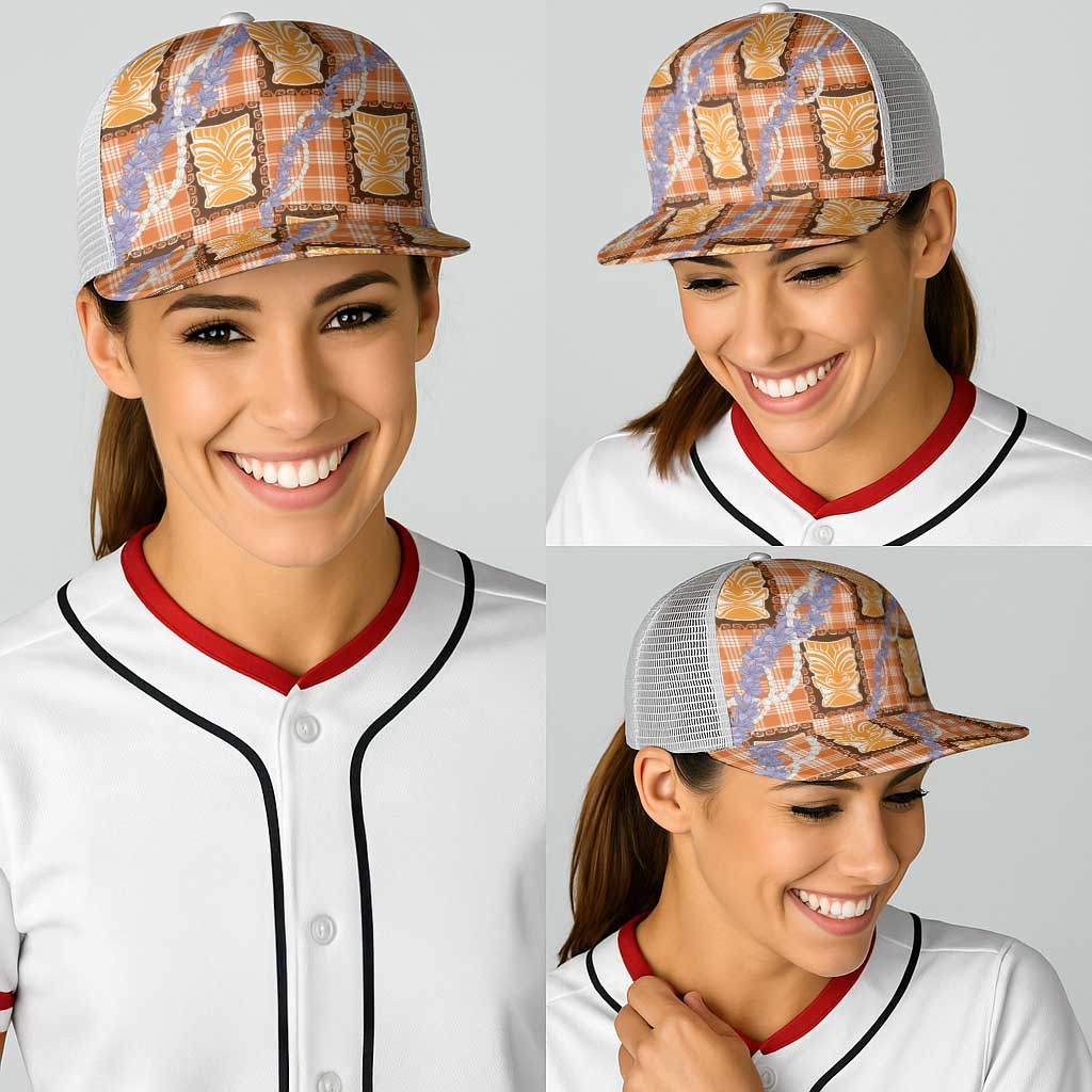 Aloha Hawaii Tiki Palaka Motifs Baseball Net Cap Honohono Lei Orange Elegant Vibes LT14 - Polynesian Pride