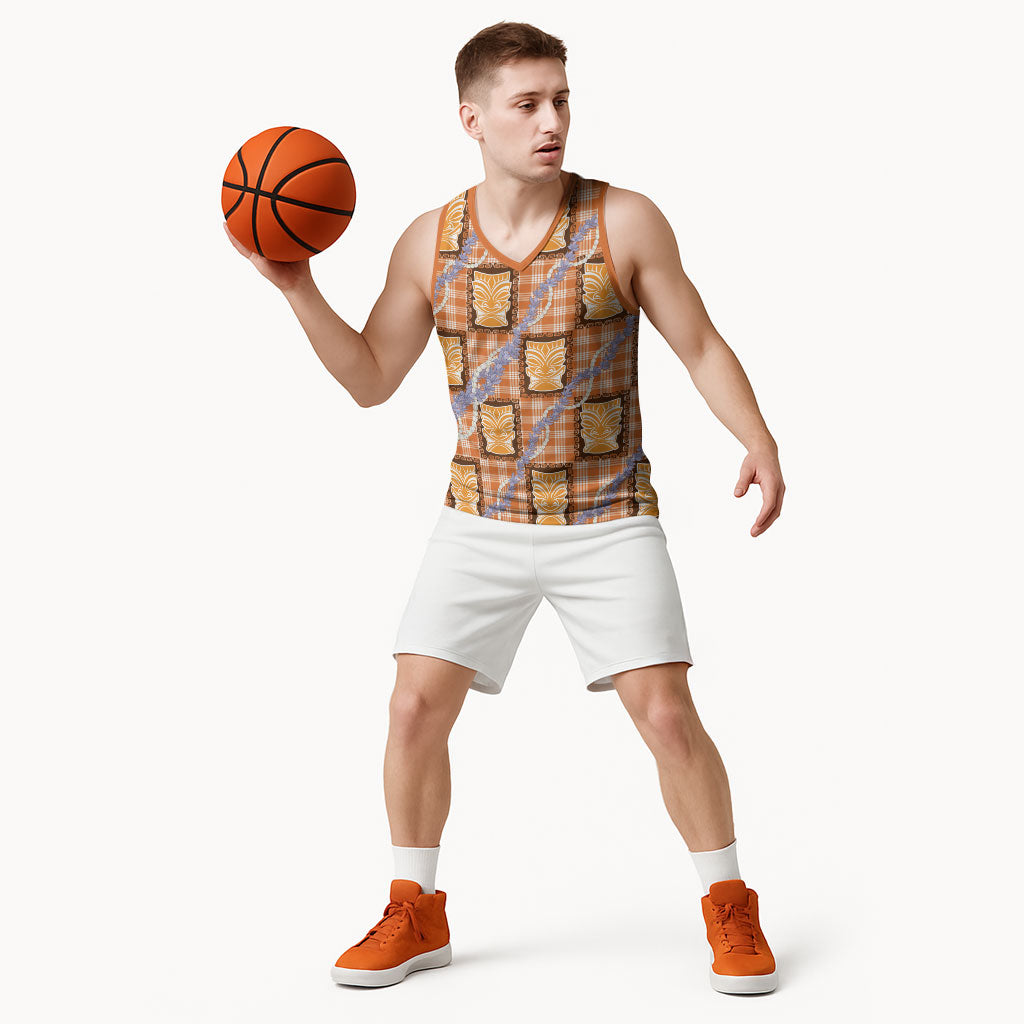 Aloha Hawaii Tiki Palaka Motifs Basketball Jersey Honohono Lei Orange Elegant Vibes LT14 - Polynesian Pride