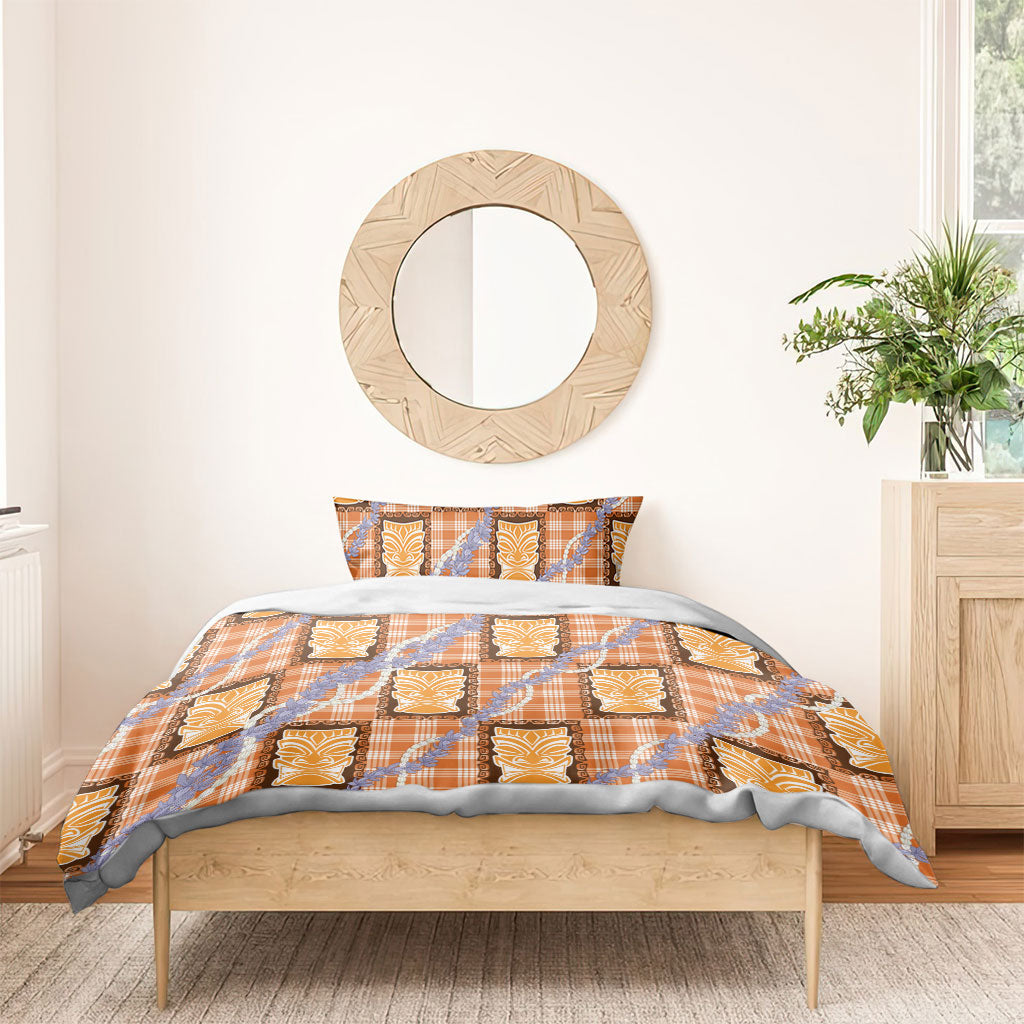 Aloha Hawaii Tiki Palaka Motifs Bedding Set Honohono Lei Orange Elegant Vibes