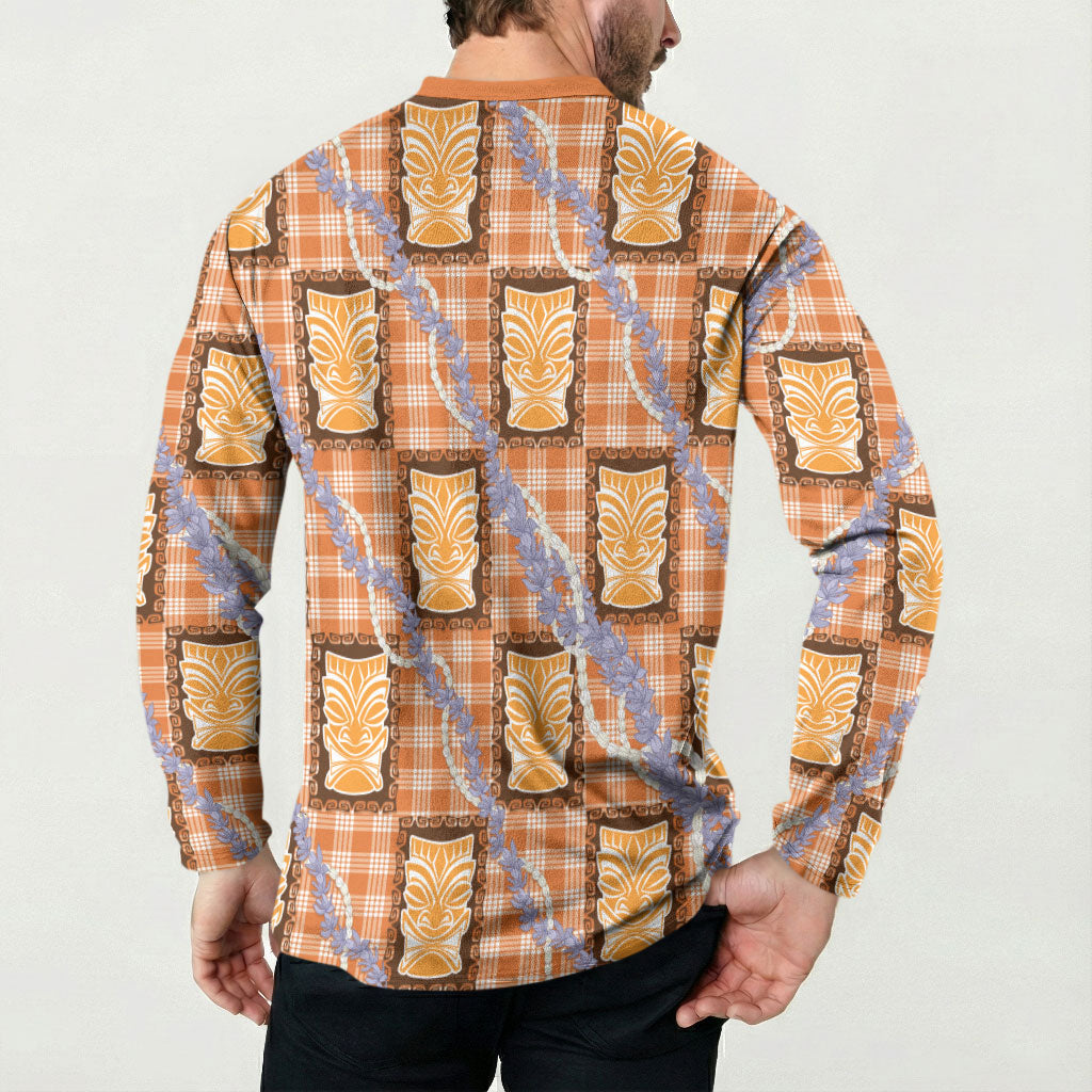Aloha Hawaii Tiki Palaka Motifs Button Sweatshirt Honohono Lei Orange Elegant Vibes