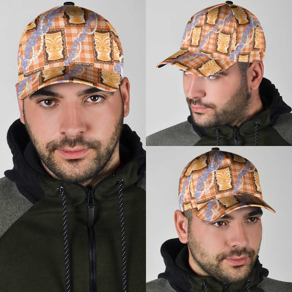 Aloha Hawaii Tiki Palaka Motifs Classic Cap Honohono Lei Orange Elegant Vibes LT14 - Polynesian Pride