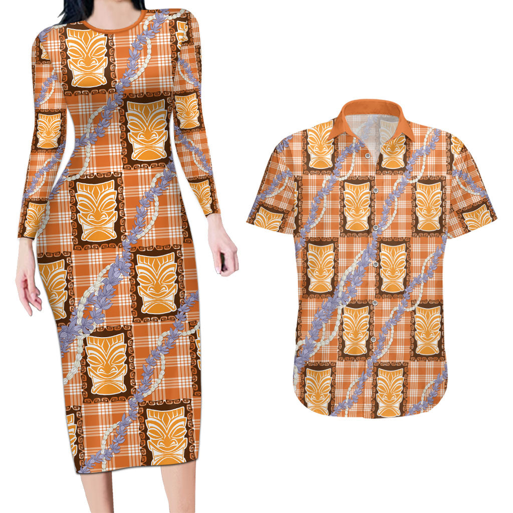 Aloha Hawaii Tiki Palaka Motifs Couples Matching Long Sleeve Bodycon Dress and Hawaiian Shirt Honohono Lei Orange Elegant Vibes LT14 Orange - Polynesian Pride