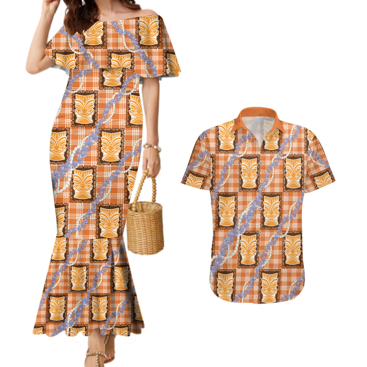 Aloha Hawaii Tiki Palaka Motifs Couples Matching Mermaid Dress and Hawaiian Shirt Honohono Lei Orange Elegant Vibes LT14 Orange - Polynesian Pride