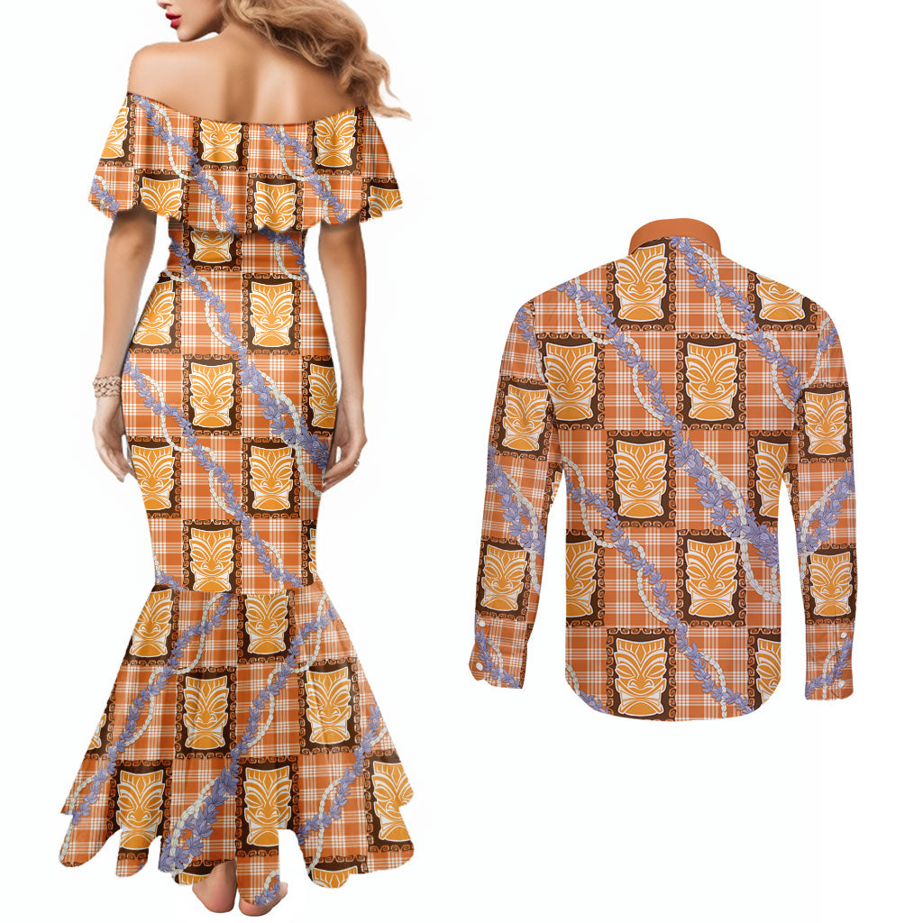 Aloha Hawaii Tiki Palaka Motifs Couples Matching Mermaid Dress and Long Sleeve Button Shirt Honohono Lei Orange Elegant Vibes LT14 - Polynesian Pride