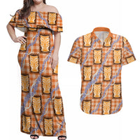 Aloha Hawaii Tiki Palaka Motifs Couples Matching Off Shoulder Maxi Dress and Hawaiian Shirt Honohono Lei Orange Elegant Vibes LT14 Orange - Polynesian Pride