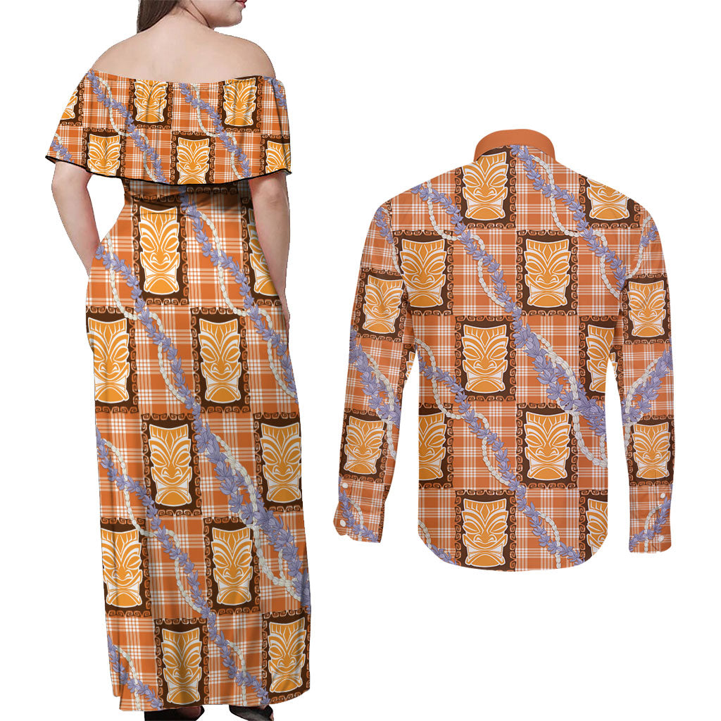Aloha Hawaii Tiki Palaka Motifs Couples Matching Off Shoulder Maxi Dress and Long Sleeve Button Shirt Honohono Lei Orange Elegant Vibes LT14 - Polynesian Pride