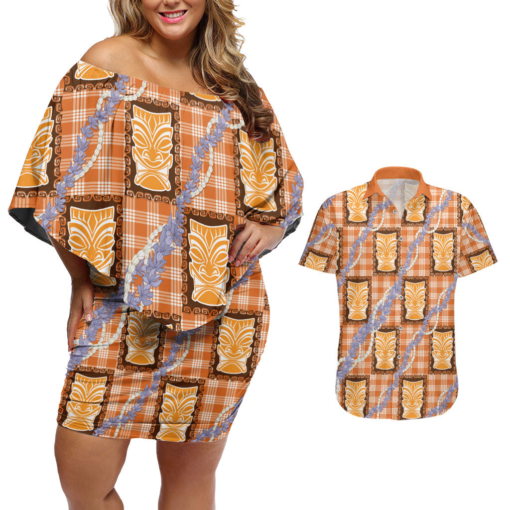 Aloha Hawaii Tiki Palaka Motifs Couples Matching Off Shoulder Short Dress and Hawaiian Shirt Honohono Lei Orange Elegant Vibes LT14 Orange - Polynesian Pride