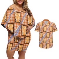 Aloha Hawaii Tiki Palaka Motifs Couples Matching Off Shoulder Short Dress and Hawaiian Shirt Honohono Lei Orange Elegant Vibes LT14 Orange - Polynesian Pride