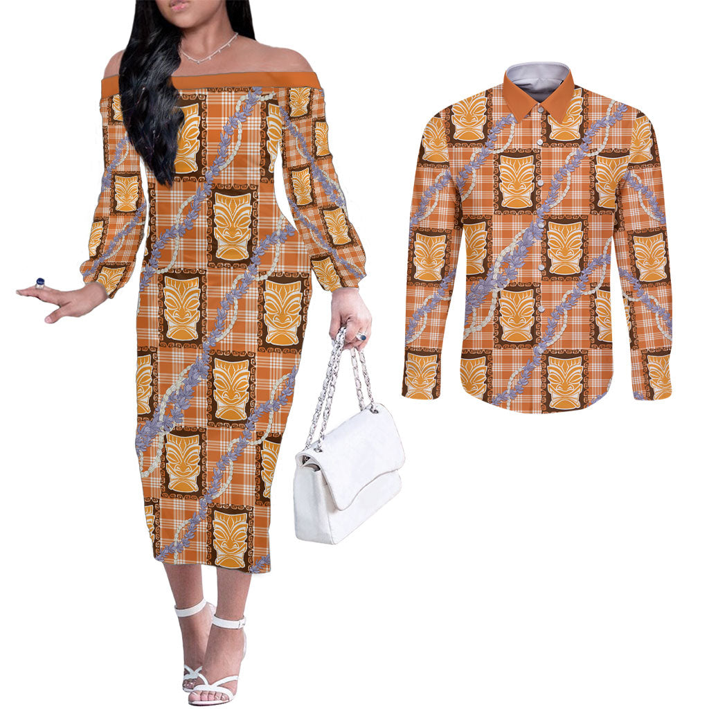 Aloha Hawaii Tiki Palaka Motifs Couples Matching Off The Shoulder Long Sleeve Dress and Long Sleeve Button Shirt Honohono Lei Orange Elegant Vibes