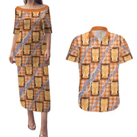 Aloha Hawaii Tiki Palaka Motifs Couples Matching Puletasi and Hawaiian Shirt Honohono Lei Orange Elegant Vibes LT14 Orange - Polynesian Pride