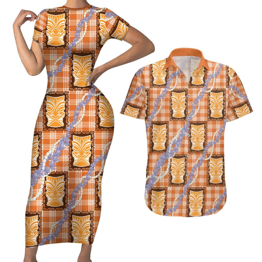 Aloha Hawaii Tiki Palaka Motifs Couples Matching Short Sleeve Bodycon Dress and Hawaiian Shirt Honohono Lei Orange Elegant Vibes