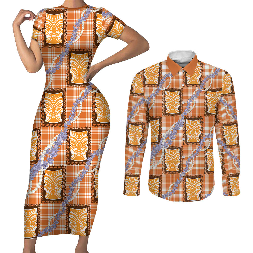 Aloha Hawaii Tiki Palaka Motifs Couples Matching Short Sleeve Bodycon Dress and Long Sleeve Button Shirt Honohono Lei Orange Elegant Vibes