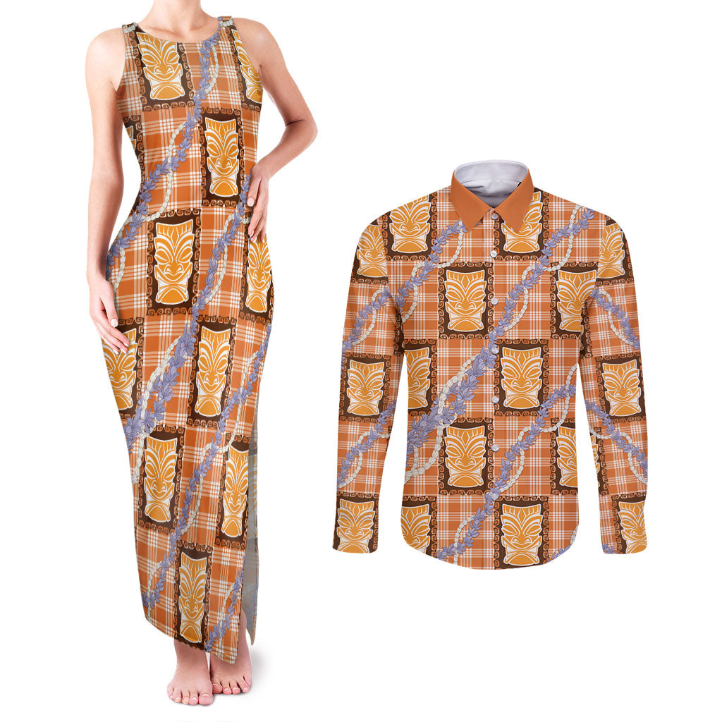 Aloha Hawaii Tiki Palaka Motifs Couples Matching Tank Maxi Dress and Long Sleeve Button Shirt Honohono Lei Orange Elegant Vibes