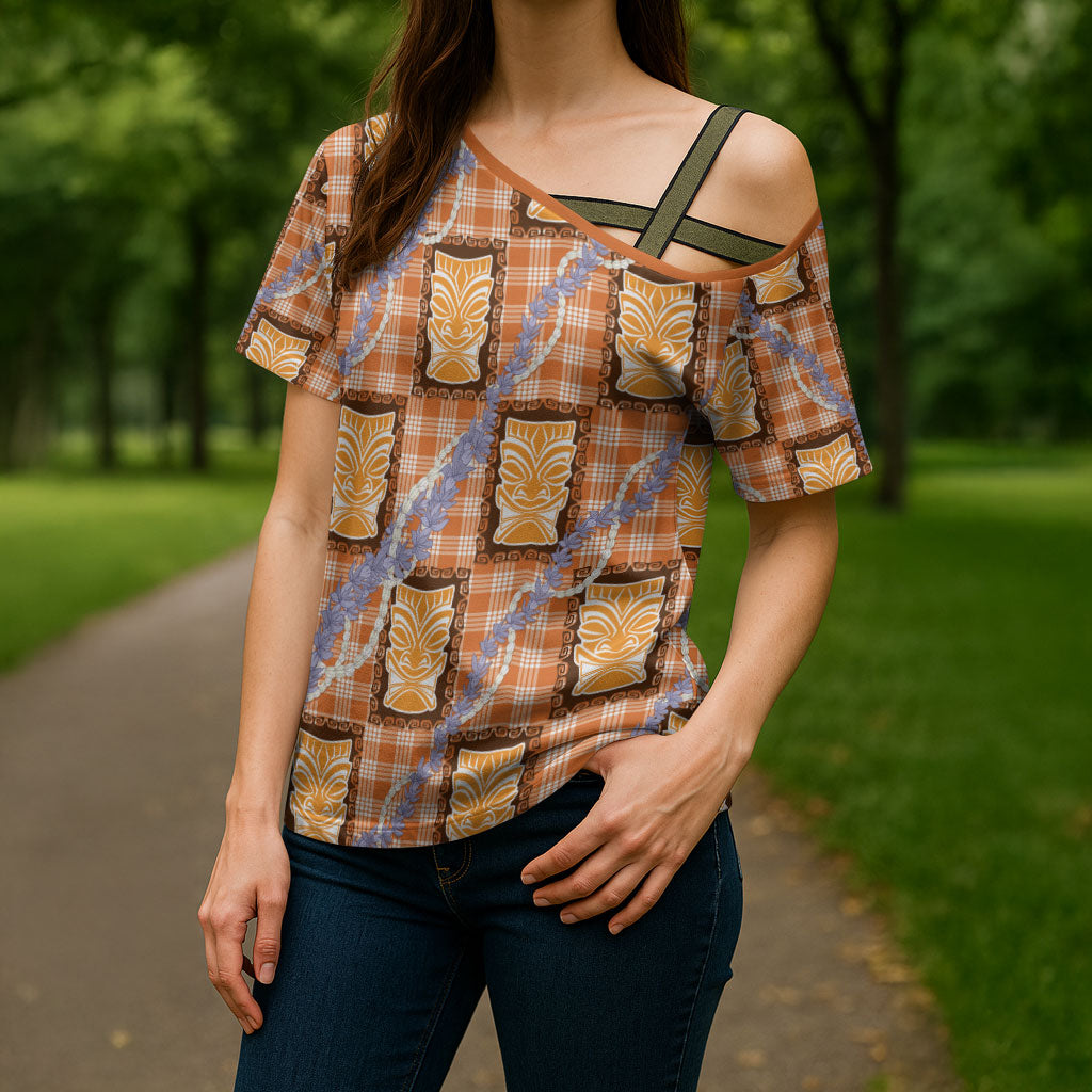 Aloha Hawaii Tiki Palaka Motifs Cross Shoulder Shirt Honohono Lei Orange Elegant Vibes